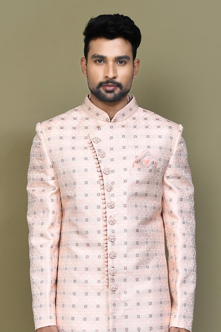 Shop_Arihant Rai Sinha_Blue Silk Embroidery Florette Woven Sherwani Set _Online_at_Aza_Fashions