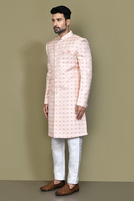 Arihant Rai Sinha_Blue Silk Embroidery Florette Woven Sherwani Set _at_Aza_Fashions