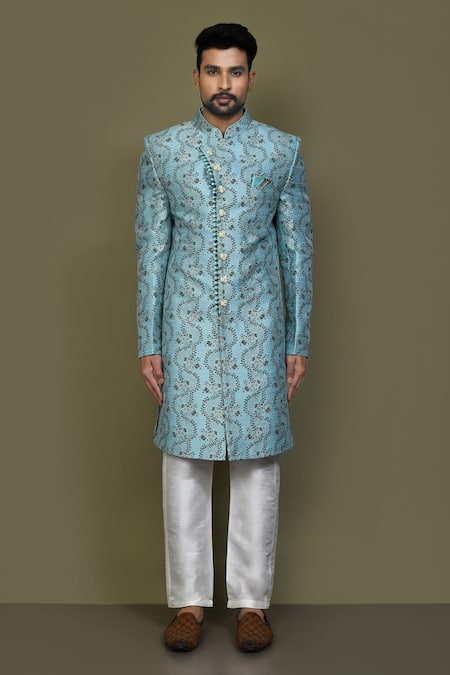 Buy_Arihant Rai Sinha_Blue Jacquard, Faux Leather, Silk Embroidery Leaf Woven Sherwani Set _Online_at_Aza_Fashions