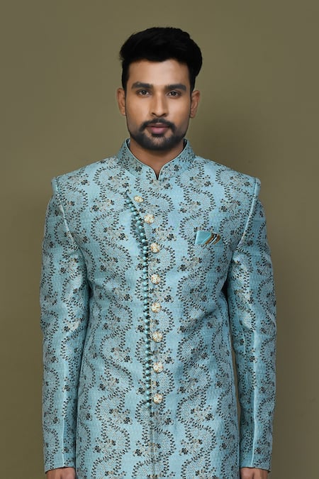 Shop Arihant Rai Sinha Blue Jacquard, Faux Leather, Silk Embroidery Leaf Woven Sherwani Set Online at Aza Fashions Shop_Arihant Rai Sinha_Blue Jacquard, Faux Leather, Silk Embroidery Leaf Woven Sherwani Set _Online_at_Aza_Fashions