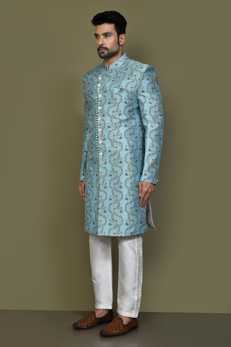 Arihant Rai Sinha_Blue Jacquard, Faux Leather, Silk Embroidery Leaf Woven Sherwani Set _at_Aza_Fashions