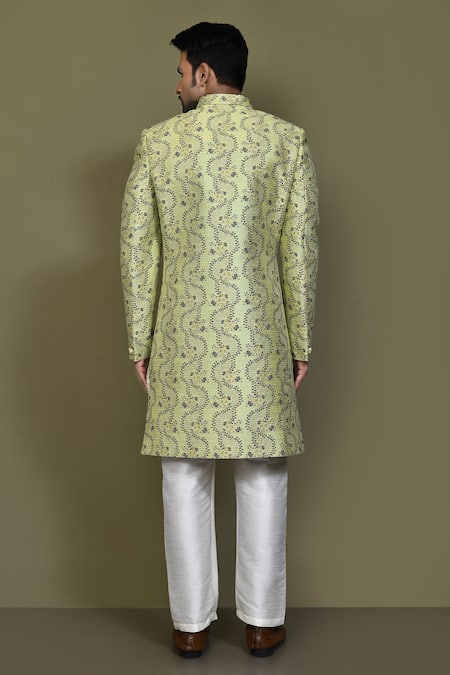 Shop_Arihant Rai Sinha_Blue Silk Botanical Woven Sherwani Set _at_Aza_Fashions