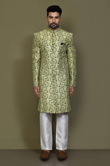 Buy_Arihant Rai Sinha_Blue Silk Botanical Woven Sherwani Set _Online_at_Aza_Fashions