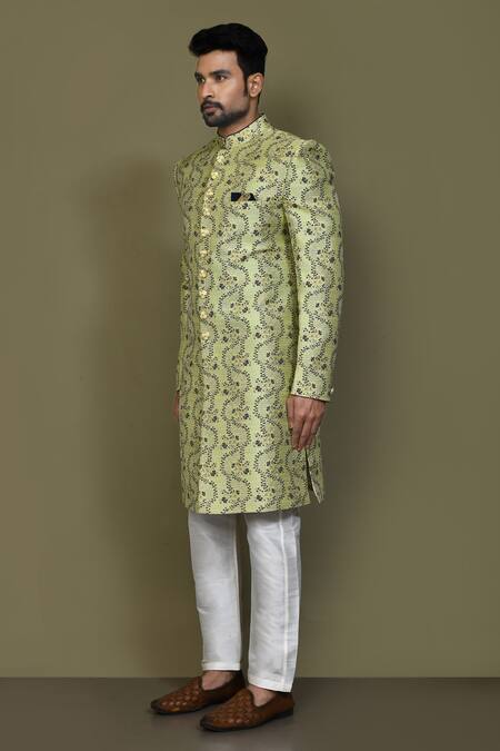 Arihant Rai Sinha_Blue Silk Botanical Woven Sherwani Set _at_Aza_Fashions