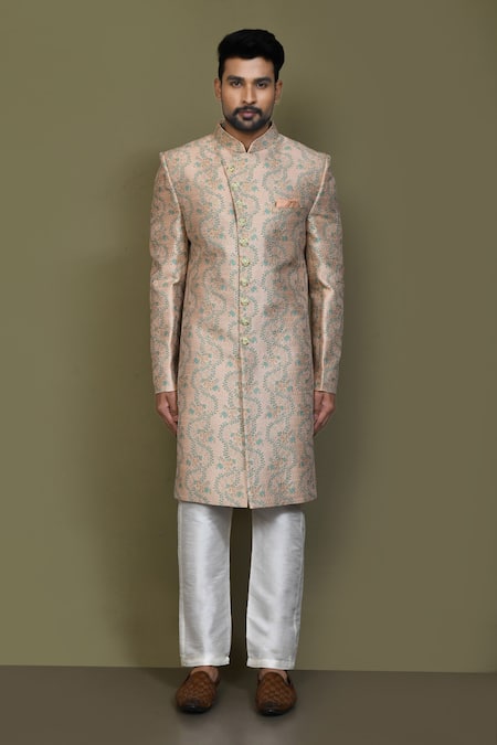 Buy_Arihant Rai Sinha_Blue Silk Spiral Pattern Sherwani Set _Online_at_Aza_Fashions