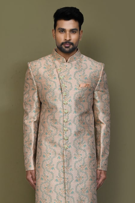 Shop Arihant Rai Sinha Blue Silk Spiral Pattern Sherwani Set Online at Aza Fashions Shop_Arihant Rai Sinha_Blue Silk Spiral Pattern Sherwani Set _Online_at_Aza_Fashions