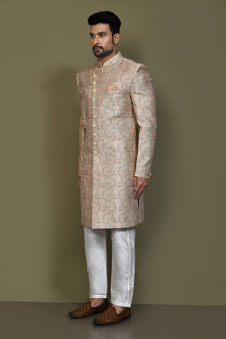 Arihant Rai Sinha_Blue Silk Spiral Pattern Sherwani Set _at_Aza_Fashions