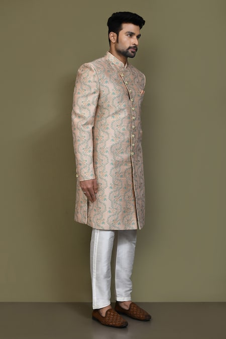 Buy_Arihant Rai Sinha_Blue Silk Spiral Pattern Sherwani Set 