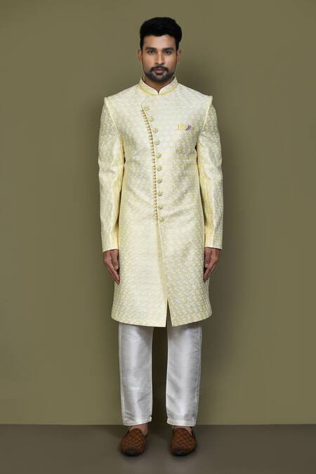 Buy_Arihant Rai Sinha_Blue Silk, Satin Embroidery Thread Sherwani Set _Online_at_Aza_Fashions