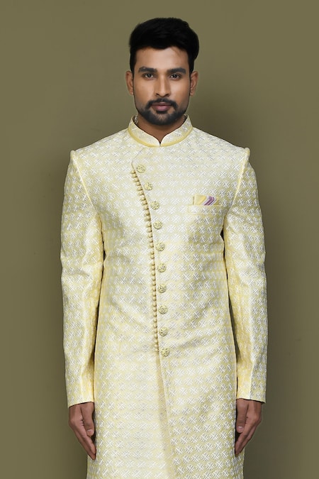 Shop_Arihant Rai Sinha_Blue Silk, Satin Embroidery Thread Sherwani Set _Online_at_Aza_Fashions