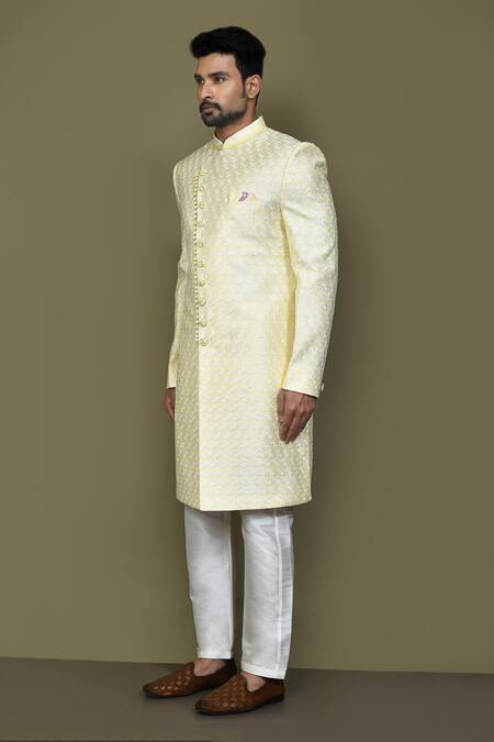 Arihant Rai Sinha_Blue Silk, Satin Embroidery Thread Sherwani Set _at_Aza_Fashions