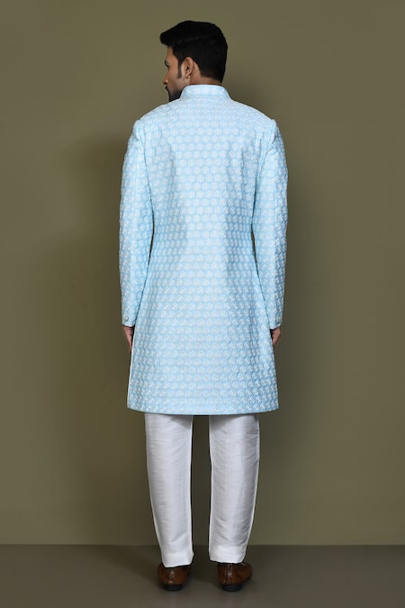 Shop_Arihant Rai Sinha_Blue Silk Embroidery Thread Work Sherwani Set _at_Aza_Fashions