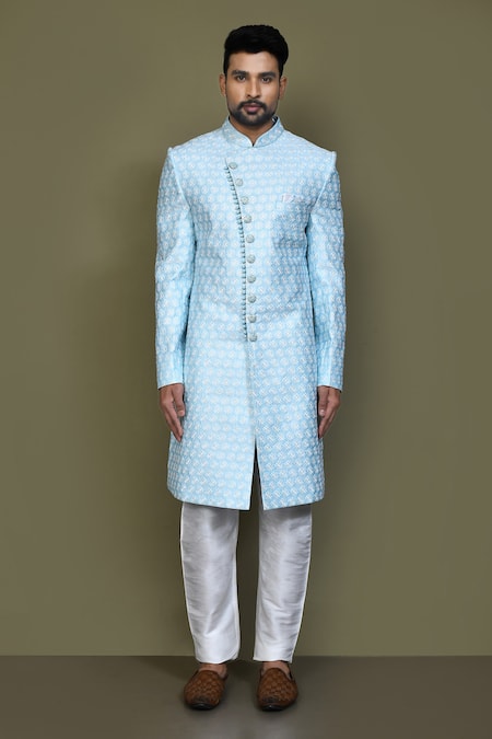 Buy_Arihant Rai Sinha_Blue Silk Embroidery Thread Work Sherwani Set _Online_at_Aza_Fashions