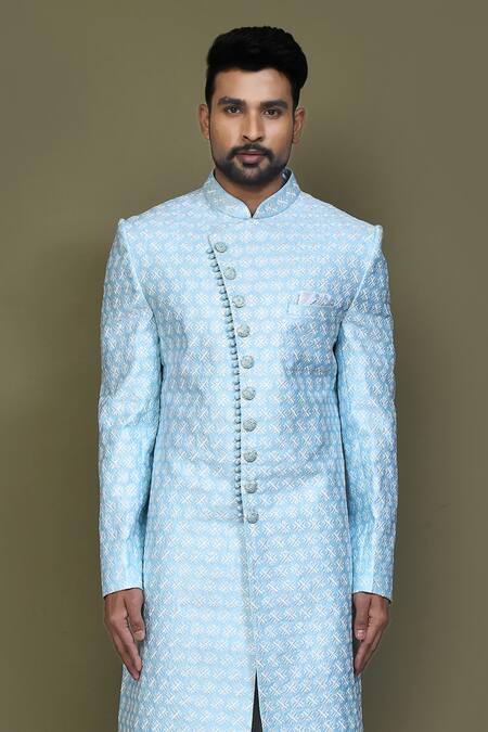 Shop_Arihant Rai Sinha_Blue Silk Embroidery Thread Work Sherwani Set _Online_at_Aza_Fashions
