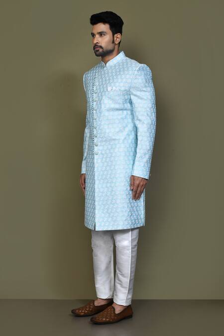 Arihant Rai Sinha_Blue Silk Embroidery Thread Work Sherwani Set _at_Aza_Fashions