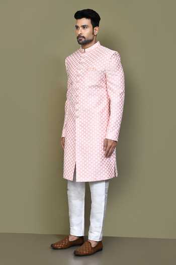 Arihant Rai Sinha_Blue Silk Embroidery Floral Sherwani Set _at_Aza_Fashions