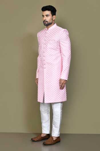 Arihant Rai Sinha_Blue Silk Embroidery Flower Sherwani Set _at_Aza_Fashions