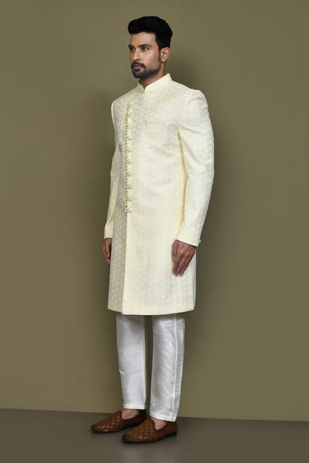 Arihant Rai Sinha_Blue Silk Embroidery Thread Work Sherwani And Pant Set _at_Aza_Fashions