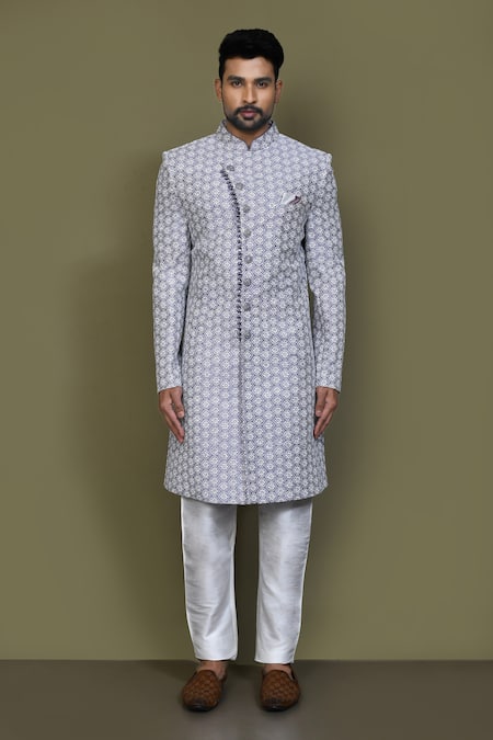 Buy_Arihant Rai Sinha_Blue Silk Embroidery Mughal Floral Sherwani Set _Online_at_Aza_Fashions