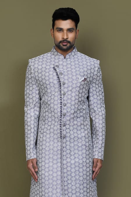 Shop_Arihant Rai Sinha_Blue Silk Embroidery Mughal Floral Sherwani Set _Online_at_Aza_Fashions