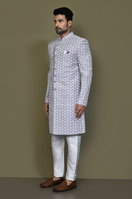Arihant Rai Sinha_Blue Silk Embroidery Mughal Floral Sherwani Set _at_Aza_Fashions
