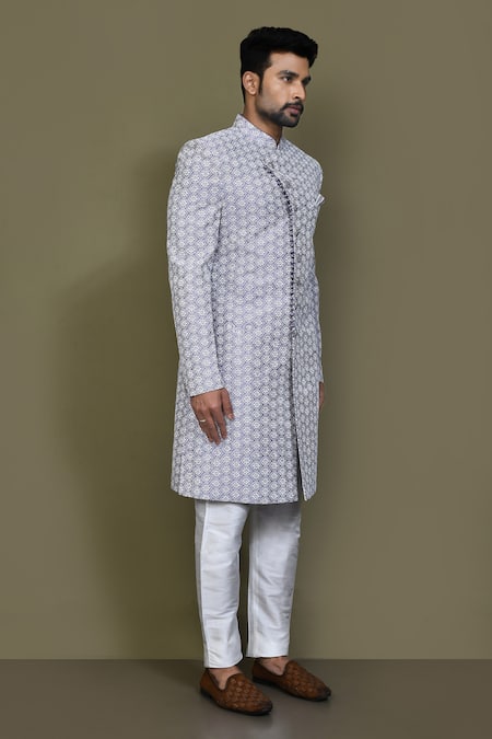 Buy_Arihant Rai Sinha_Blue Silk Embroidery Mughal Floral Sherwani Set 