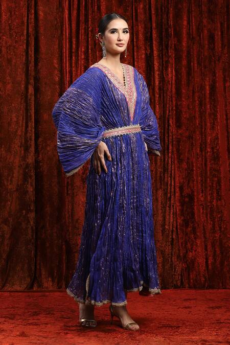 Shikhar Sharma_Blue Lurex Gota Patti, Embroidery V-neck Textured Kaftan _Online_at_Aza_Fashions