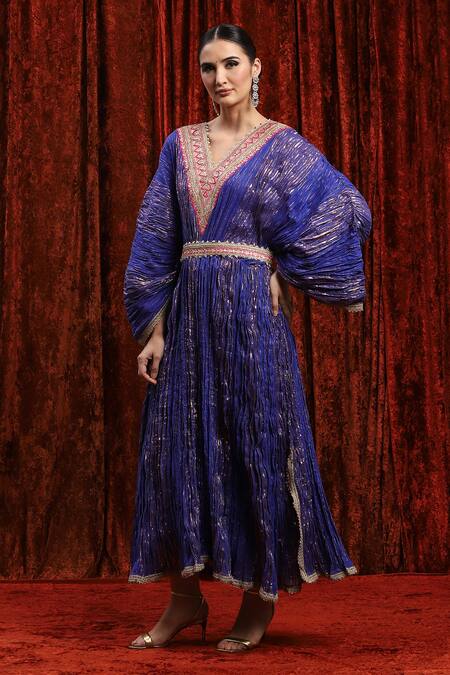 Buy_Shikhar Sharma_Blue Lurex Gota Patti, Embroidery V-neck Textured Kaftan _Online_at_Aza_Fashions
