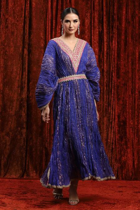 Shop_Shikhar Sharma_Blue Lurex Gota Patti, Embroidery V-neck Textured Kaftan _Online_at_Aza_Fashions