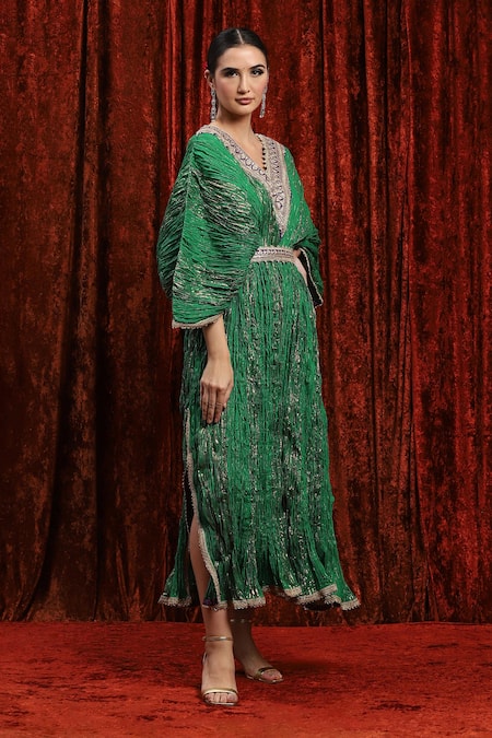 Shikhar Sharma_Green Lurex, Cotton Gota Patti, Embroidery V-neck Textured Kaftan _Online_at_Aza_Fashions