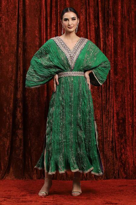 Buy_Shikhar Sharma_Green Lurex, Cotton Gota Patti, Embroidery V-neck Textured Kaftan _Online_at_Aza_Fashions