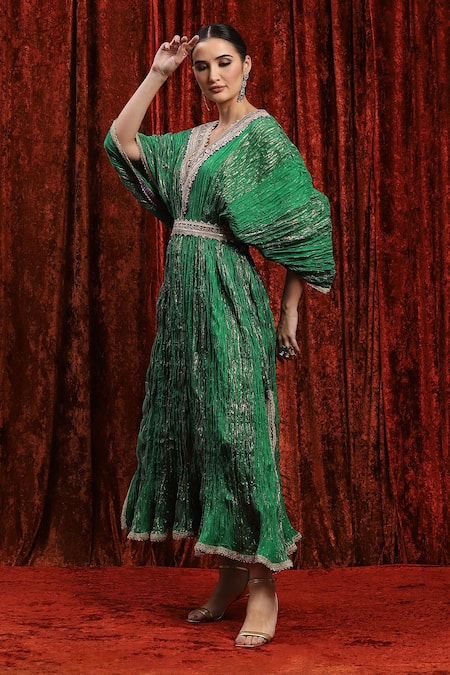 Shop_Shikhar Sharma_Green Lurex, Cotton Gota Patti, Embroidery V-neck Textured Kaftan _Online_at_Aza_Fashions