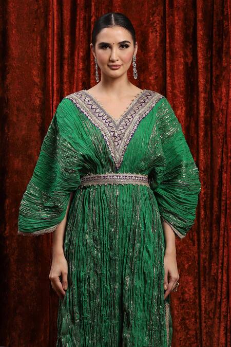 Shikhar Sharma_Green Lurex, Cotton Gota Patti, Embroidery V-neck Textured Kaftan _at_Aza_Fashions
