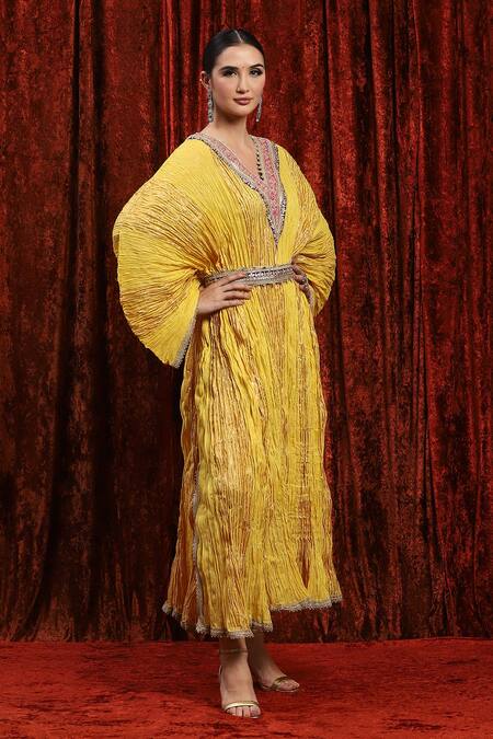 Shikhar Sharma_Yellow Lurex, Cotton Gota Patti, Diamonds Textured Dori Embroidered Kaftan _Online_at_Aza_Fashions