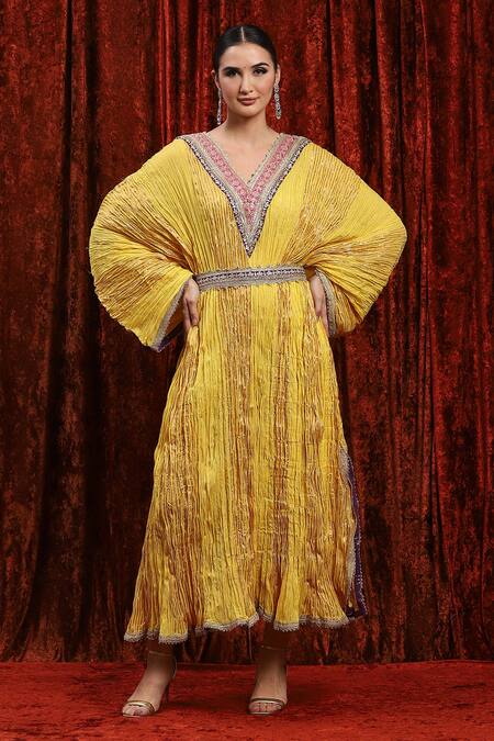 Buy_Shikhar Sharma_Yellow Lurex, Cotton Gota Patti, Diamonds Textured Dori Embroidered Kaftan _Online_at_Aza_Fashions