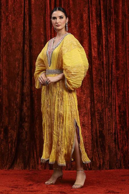 Shop_Shikhar Sharma_Yellow Lurex, Cotton Gota Patti, Diamonds Textured Dori Embroidered Kaftan _Online_at_Aza_Fashions