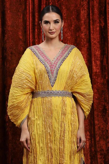 Shikhar Sharma_Yellow Lurex, Cotton Gota Patti, Diamonds Textured Dori Embroidered Kaftan _at_Aza_Fashions