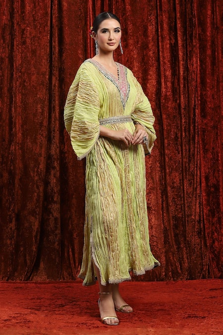 Shikhar Sharma Green Lurex, Cotton Gota Patti V-neck Dori Embroidered Kaftan Online at Aza Fashions Shikhar Sharma_Green Lurex, Cotton Gota Patti V-neck Dori Embroidered Kaftan _Online_at_Aza_Fashions