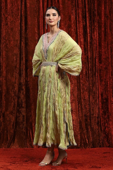 Buy Shikhar Sharma Green Lurex, Cotton Gota Patti V-neck Dori Embroidered Kaftan Online at Aza Fashions Buy_Shikhar Sharma_Green Lurex, Cotton Gota Patti V-neck Dori Embroidered Kaftan _Online_at_Aza_Fashions