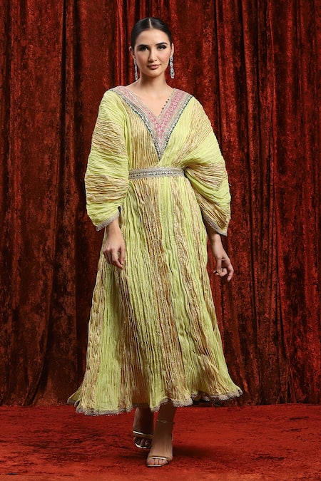 Shop Shikhar Sharma Green Lurex, Cotton Gota Patti V-neck Dori Embroidered Kaftan Online at Aza Fashions Shop_Shikhar Sharma_Green Lurex, Cotton Gota Patti V-neck Dori Embroidered Kaftan _Online_at_Aza_Fashions