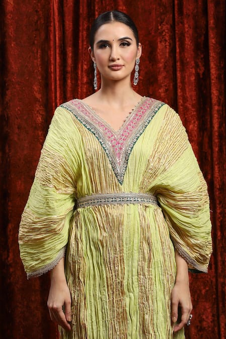 Shikhar Sharma Green Lurex, Cotton Gota Patti V-neck Dori Embroidered Kaftan at Aza Fashions Shikhar Sharma_Green Lurex, Cotton Gota Patti V-neck Dori Embroidered Kaftan _at_Aza_Fashions