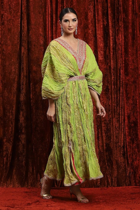 Buy Shikhar Sharma Green Lurex, Cotton Gota Patti, Embroidery, Diamonds Dori Textured Kaftan Online at Aza Fashions Buy_Shikhar Sharma_Green Lurex, Cotton Gota Patti, Embroidery, Diamonds Dori Textured Kaftan _Online_at_Aza_Fashions