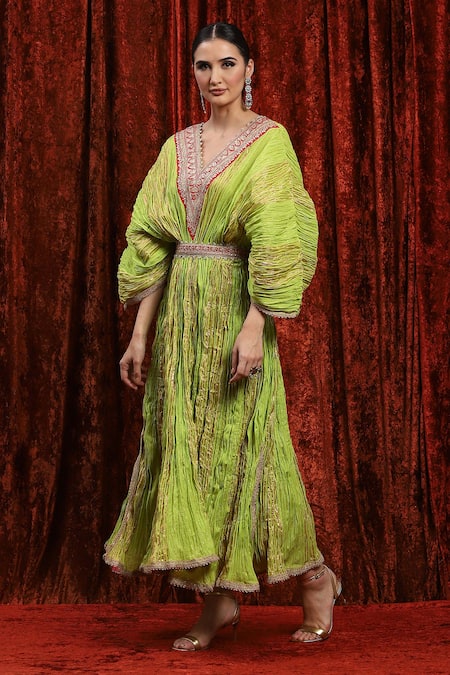 Shikhar Sharma Green Lurex, Cotton Gota Patti, Embroidery, Diamonds Dori Textured Kaftan at Aza Fashions Shikhar Sharma_Green Lurex, Cotton Gota Patti, Embroidery, Diamonds Dori Textured Kaftan _at_Aza_Fashions