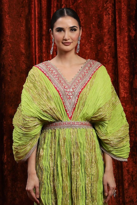 Buy Shikhar Sharma Green Lurex, Cotton Gota Patti, Embroidery, Diamonds Dori Textured Kaftan Buy_Shikhar Sharma_Green Lurex, Cotton Gota Patti, Embroidery, Diamonds Dori Textured Kaftan