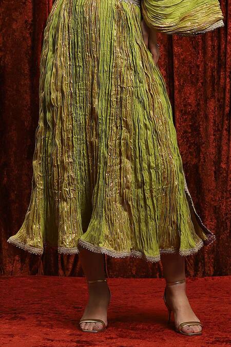 Shikhar Sharma_Green Lurex, Cotton Gota Patti, Embroidery V-neck Textured Striped Kaftan _Online_at_Aza_Fashions