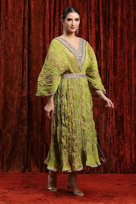 Buy_Shikhar Sharma_Green Lurex, Cotton Gota Patti, Embroidery V-neck Textured Striped Kaftan _Online_at_Aza_Fashions