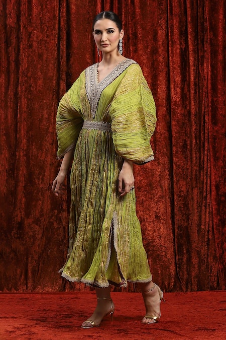 Shop_Shikhar Sharma_Green Lurex, Cotton Gota Patti, Embroidery V-neck Textured Striped Kaftan _Online_at_Aza_Fashions