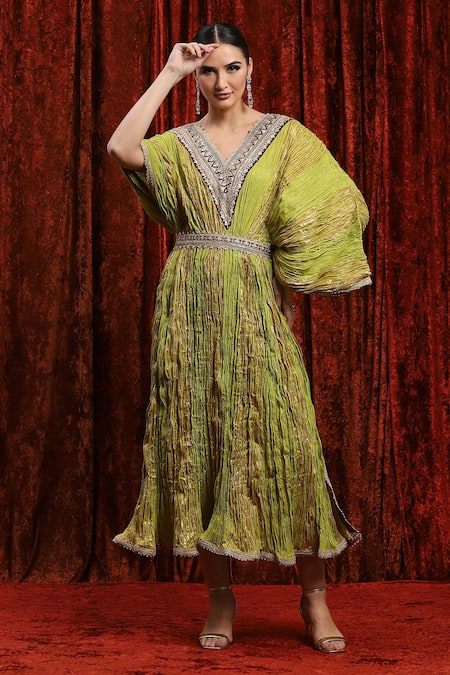 Shikhar Sharma_Green Lurex, Cotton Gota Patti, Embroidery V-neck Textured Striped Kaftan _at_Aza_Fashions