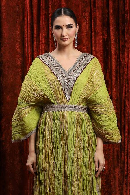 Buy_Shikhar Sharma_Green Lurex, Cotton Gota Patti, Embroidery V-neck Textured Striped Kaftan 