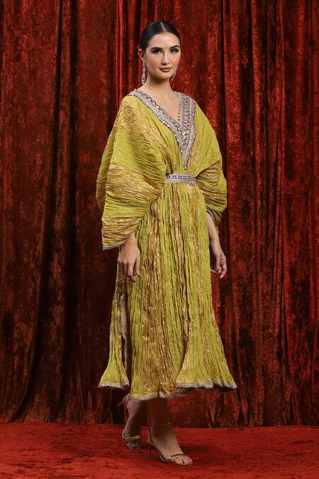 Shikhar Sharma Green Lurex, Cotton Gota Patti, Embroidery V-neck Dori Striped Kaftan Online at Aza Fashions Shikhar Sharma_Green Lurex, Cotton Gota Patti, Embroidery V-neck Dori Striped Kaftan _Online_at_Aza_Fashions